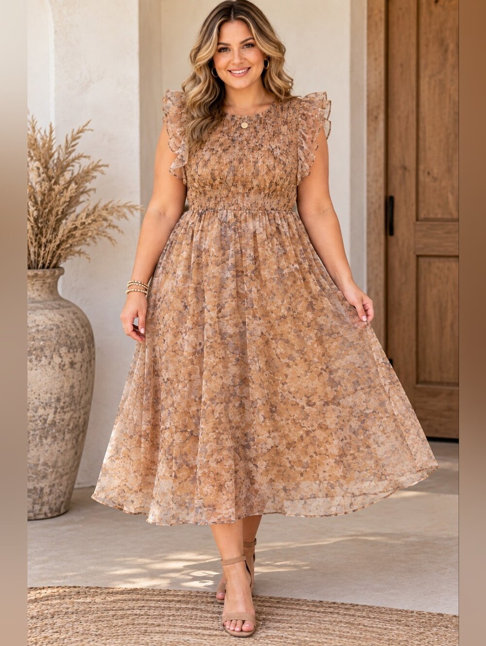Arula Floral Smocked Midi Dress Ruffle Flutter Sleeve Size A(1X) Boho Romantic